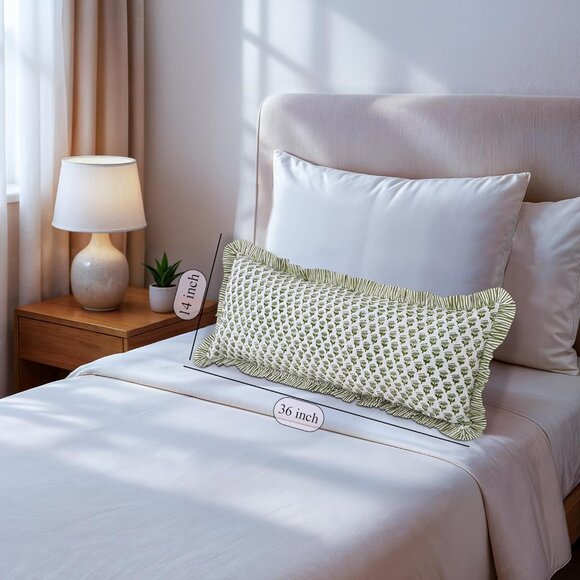 Handmade 100% Cotton Block Print Ruffle Sham Cover 14x36 inch Boho Floral Décor - Picture 7 of 8